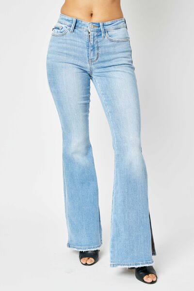 Judy Blue Full Size Mid Rise Raw Hem Slit Flare Jeans | Shop Webbi