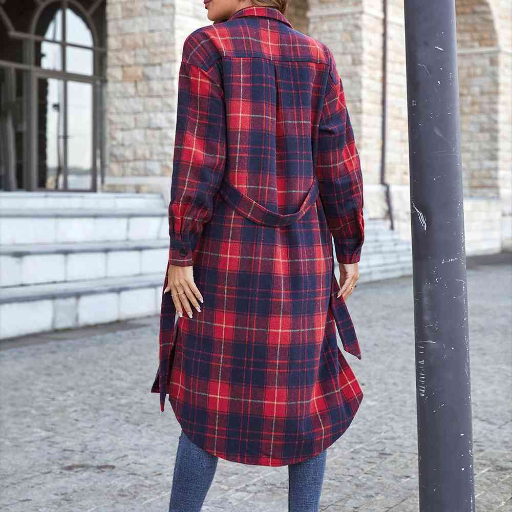 Double Take Plaid Belted Button Down Longline Shirt Jacket | Shop Webbi