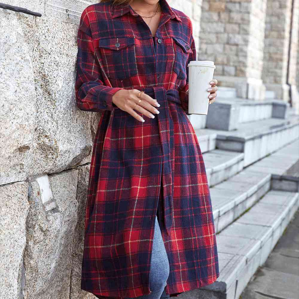 Double Take Plaid Belted Button Down Longline Shirt Jacket | Shop Webbi