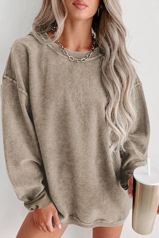 Solid Ribbed Knit Round Neck Pullover Sweatshirt | Shop Webbi