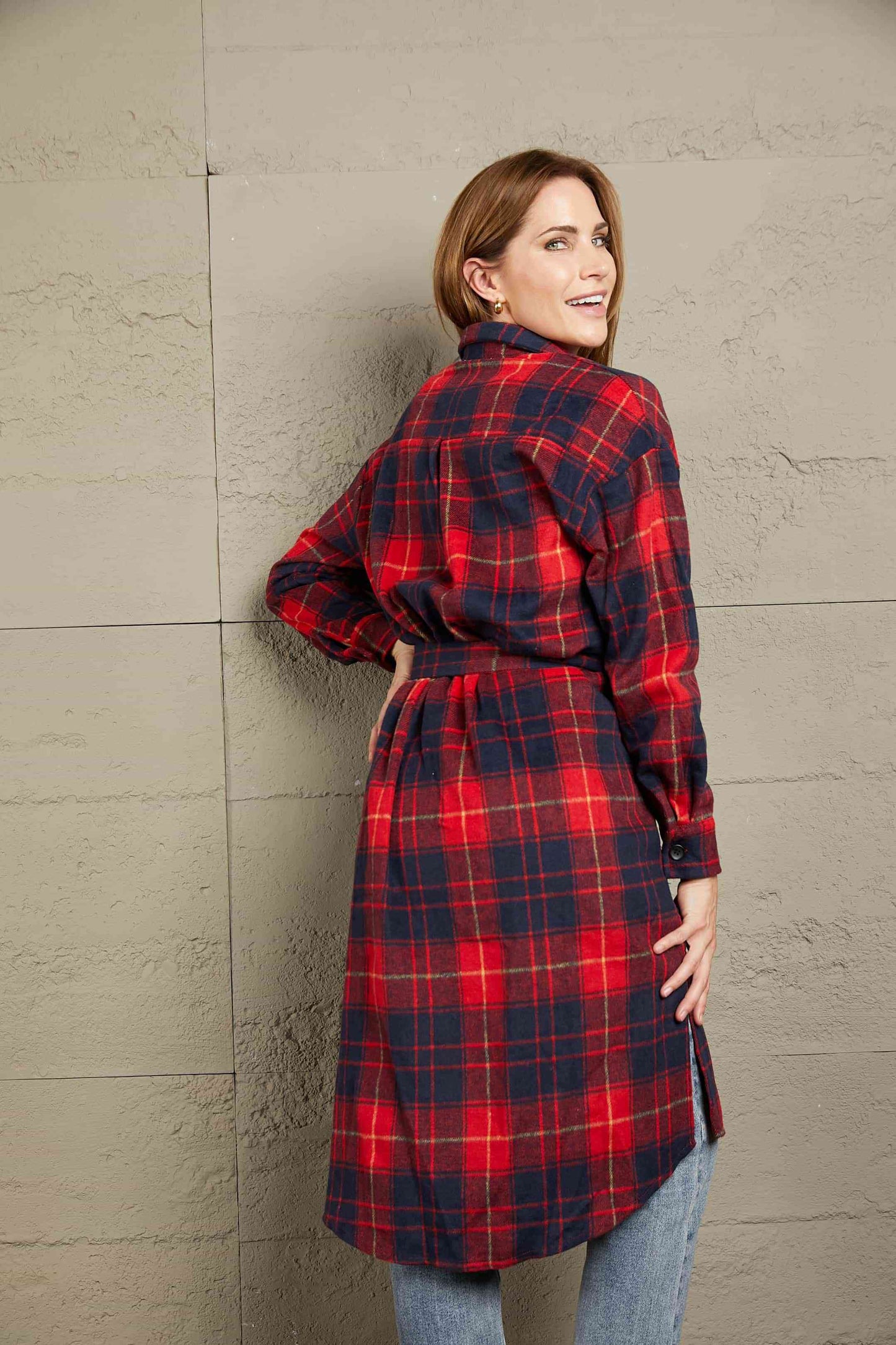 Double Take Plaid Belted Button Down Longline Shirt Jacket | Shop Webbi