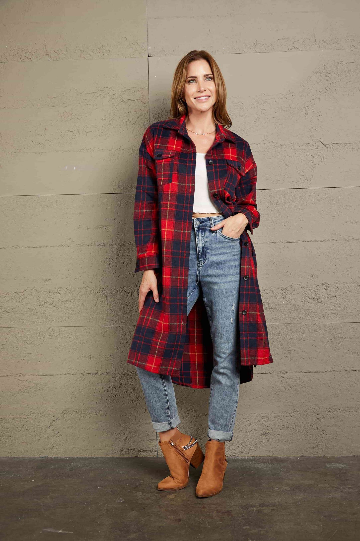 Double Take Plaid Belted Button Down Longline Shirt Jacket | Shop Webbi