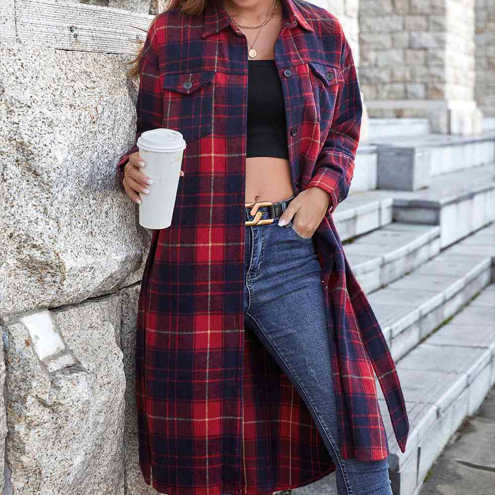 Double Take Plaid Belted Button Down Longline Shirt Jacket | Shop Webbi