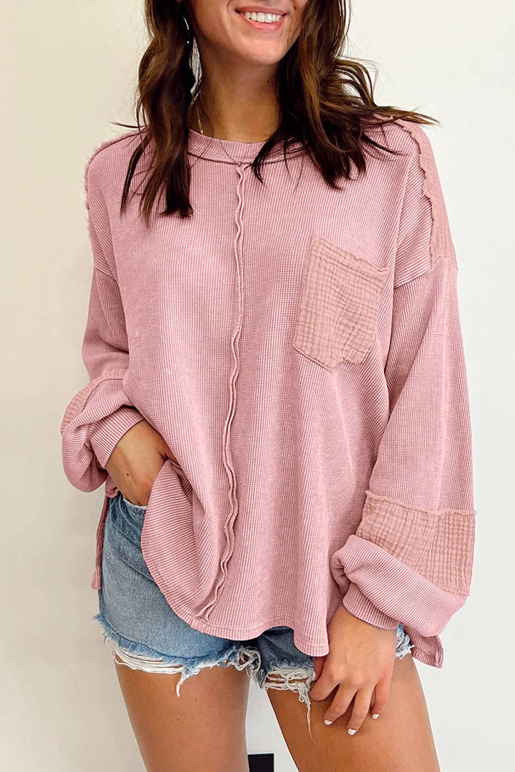 Exposed Seam Patchwork Bubble Sleeve Waffle Knit Top | Shop Webbi