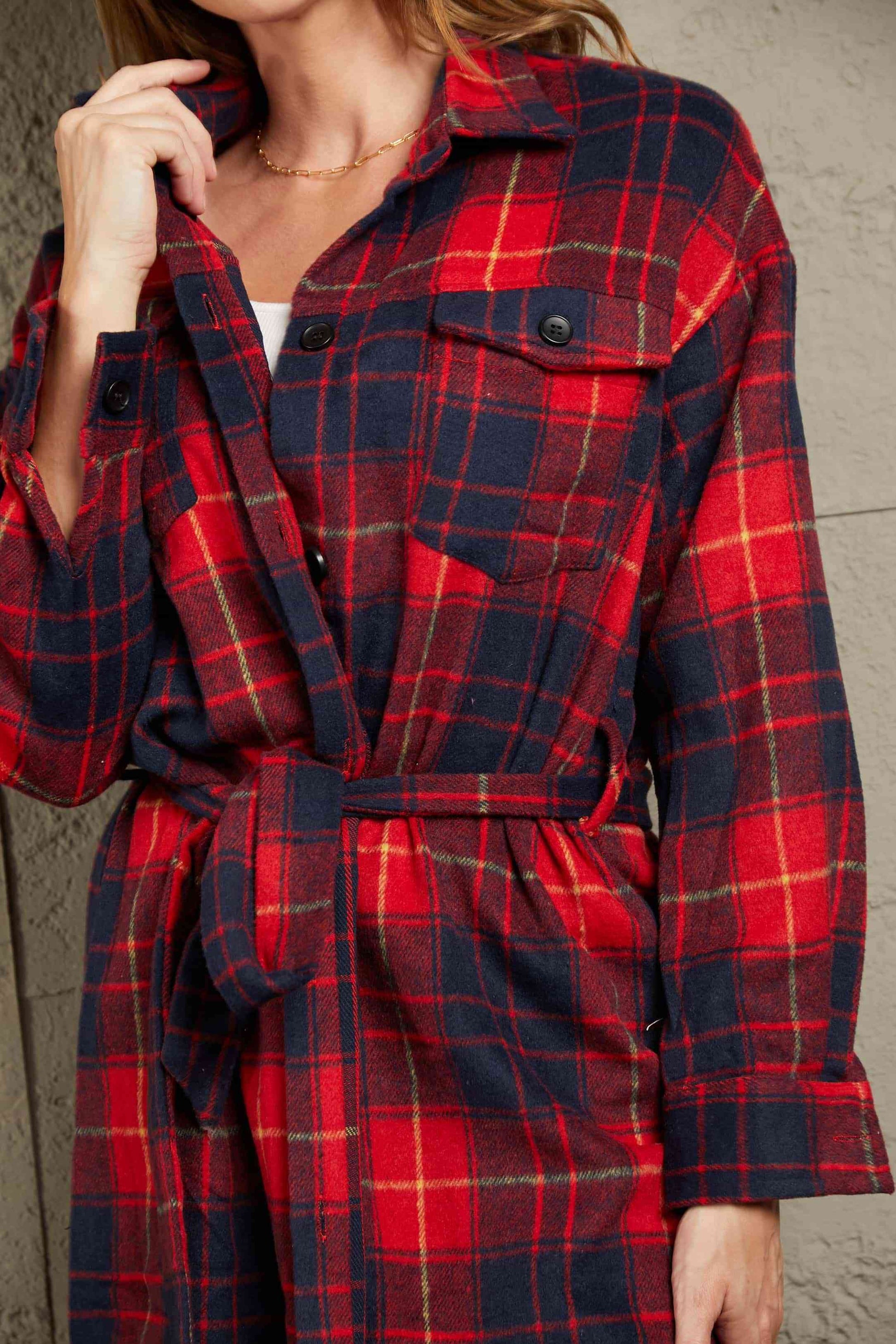 Double Take Plaid Belted Button Down Longline Shirt Jacket | Shop Webbi