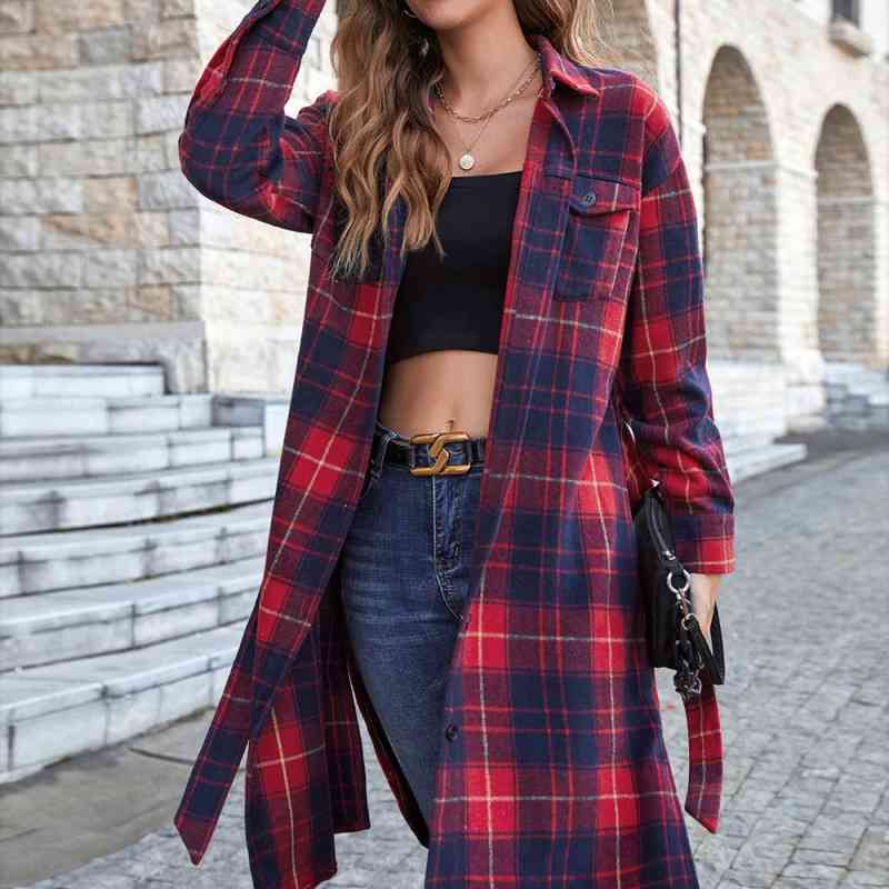 Double Take Plaid Belted Button Down Longline Shirt Jacket | Shop Webbi