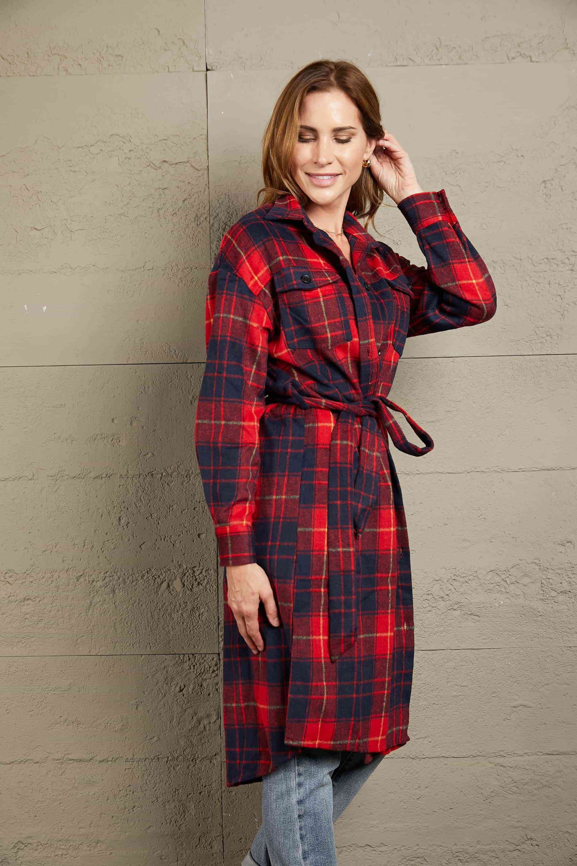 Double Take Plaid Belted Button Down Longline Shirt Jacket | Shop Webbi